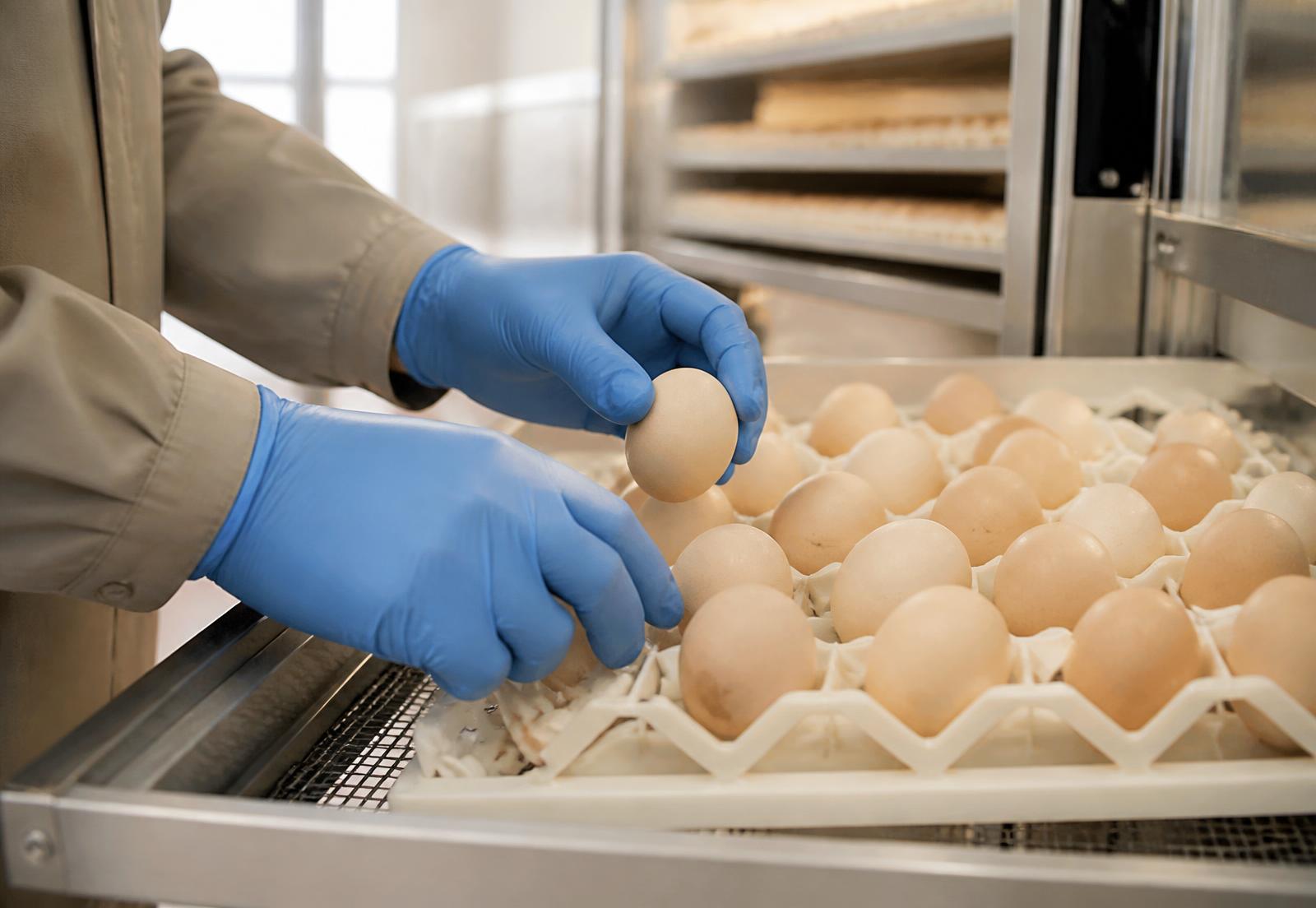 Gloved hands placing an egg on an incubation tray in a clean hatchery room