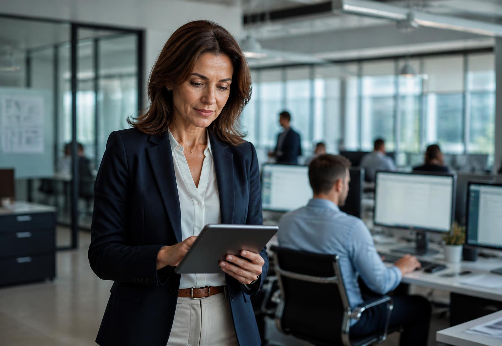A manager reviewing a tablet in a modern mid-sized company office with her team working behind her