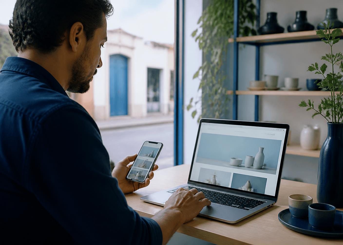 Comerciante revisando su sitio web en computador portátil y teléfono